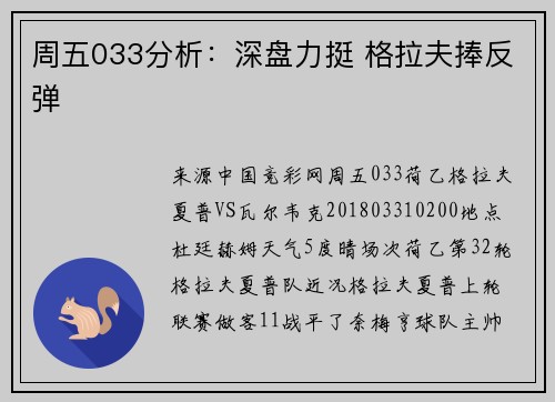 周五033分析：深盘力挺 格拉夫捧反弹